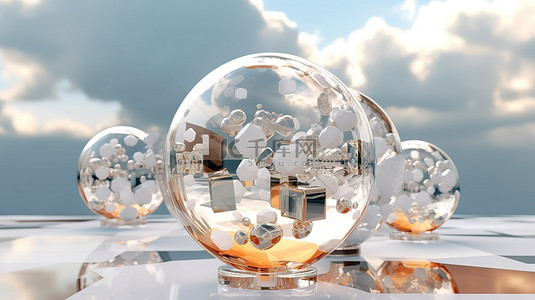 漂浮的云背景图片_优雅的 3D 插图，带有几何形状和漂浮在云中的玻璃球