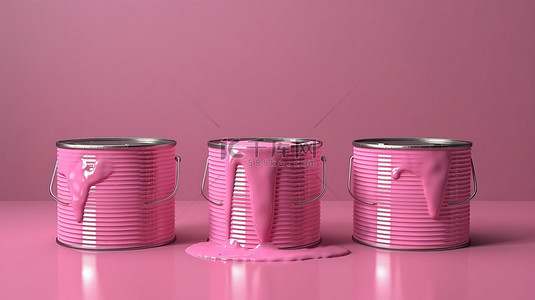 从前面看到的三个油漆罐在粉红色背景上隔离 3D 渲染