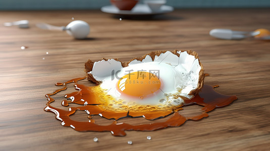3D 插图中，破裂的煎蛋凌乱地散布在桌子上