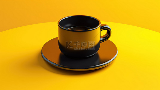 一杯黑咖啡的 3D 渲染作为黄色背景下的咖啡图标
