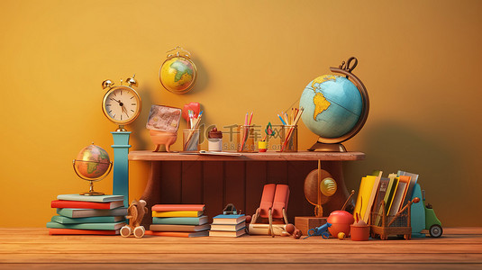 学校和教育主题书桌的三维插图，装饰着教育物品，提供充足的复印空间