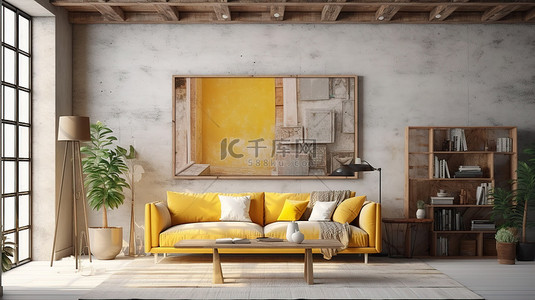 黄框背景图片_复古时髦阁楼内部的 3D 渲染，带有黄棕色和红色色调的模型海报
