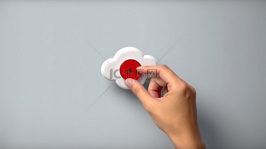 3d 手按下使用图钉附着在墙上的纸上的云按钮