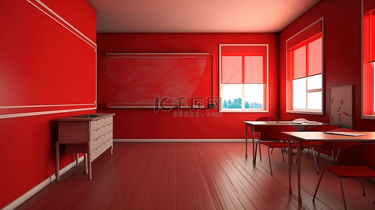带红墙和白板的教室的 3d 渲染