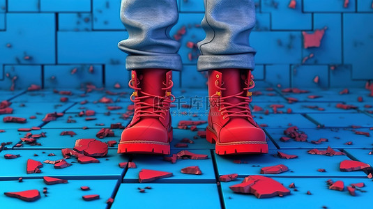 蓝色童鞋背景图片_穿着蓝色破洞牛仔裤和红色靴子的卡通男士的 3D 插图