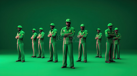 孟加拉国板球队在郁郁葱葱的绿色背景上进行 3D 渲染