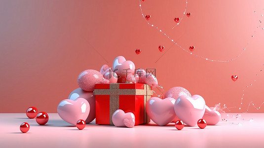 节日情人节背景以逼真的礼品盒心和小球为特色，令人惊叹的 3D