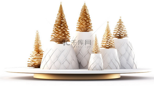 优雅的白色讲台和闪闪发光的金色锥形圣诞树，装饰品令人惊叹的 3D 渲染