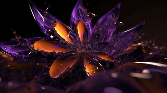 3d 渲染中带有紫色和琥珀色宝石的超现实主义花形外星星