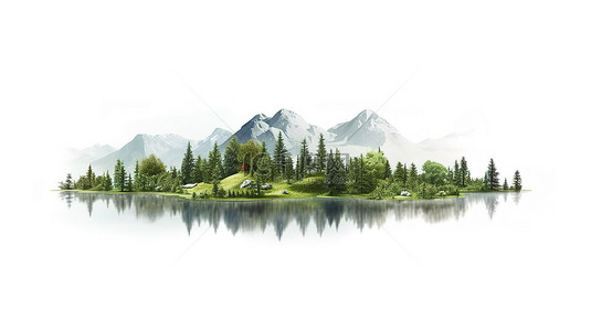 山水白色背景背景图片_风景秀丽的山湖景观，白色背景的树木 3d 渲染
