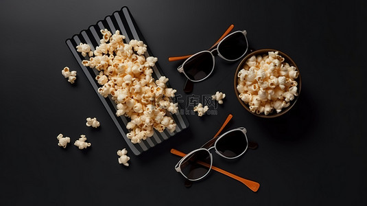 简约影院设置 3D 眼镜爆米花拍板黑色背景平躺顶视图