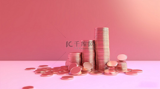 粉红色背景的插图，带有 3D 渲染的硬币堆，为有利可图的投资和储蓄概念欢呼