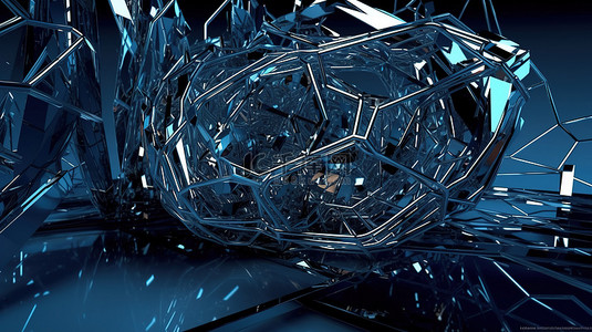 混沌背景图片_混沌金属结构中的铬线蓝色背景上的未来派 3D 渲染