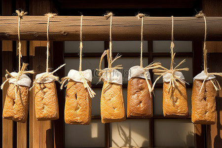 木门上挂着两排塞满面包的面粉