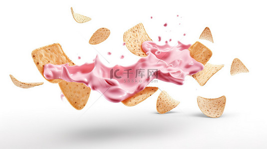 白色背景上浸有粉红色草莓牛奶的飞片的孤立 3D 插图