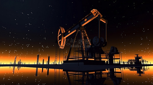 业背景图片_夜间油田开发剪影油泵其他石油工业设备的 3D 渲染