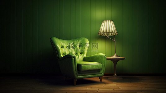 地面灯带背景图片_带绿色扶手椅和落地灯的棕色房间的 3D 渲染