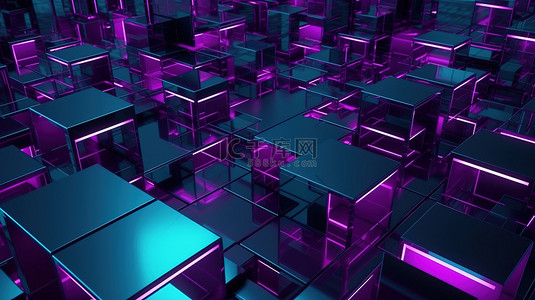 赛博朋克概念广告在 3D 渲染中具有紫色和蓝色抽象几何背景