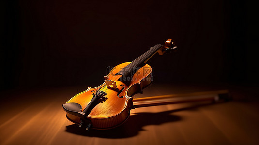 神秘工作室环境中孤独小提琴和琴弦的 3D 渲染