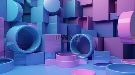 紫色圆圈背景图片_粉红色背景上闪闪发光的蓝色和紫色圆圈，抽象 3D 插图