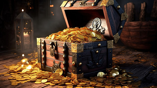 海盗古董宝箱的 3D 插图，里面装满了闪闪发光的硬币
