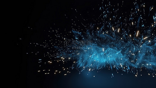 火光粒子背景图片_3D 渲染的黑暗背景与现实闪闪发光的蓝色火粒子照亮场景