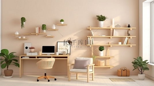 家庭办公室的 3D 渲染，氛围舒适温馨，配有计算机模型
