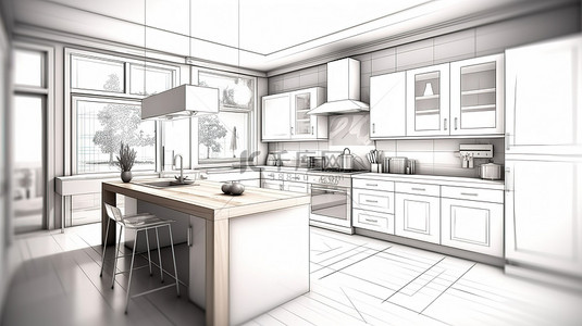 当代斯堪的纳维亚厨房概念，用 3D 渲染绘制抽象室内设计草图