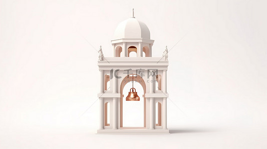 粘土风格钟楼，带有拱形入口和 3D 呈现的白色背景上的悬挂钟