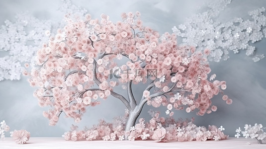 精美柔和的婚礼场景，带有放大的复古花朵和参天大树的 3D 效果