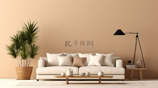 木板棕色背景背景图片_客厅内墙模型中白色沙发和棕色背景灯的 3D 插图