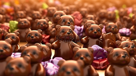 3D 渲染的巧克力熊以动画节日背景庆祝