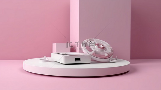 圣诞转盘背景图片_3d 渲染中粉红色转盘上的白色礼品盒