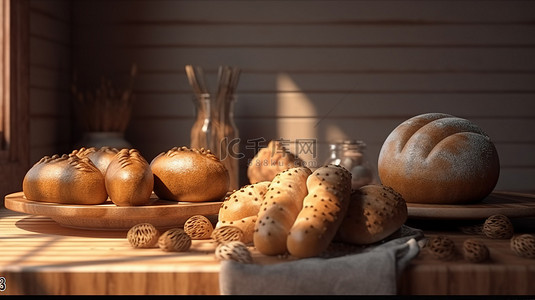 早餐场景背景图片_3D 渲染的装饰面包场景
