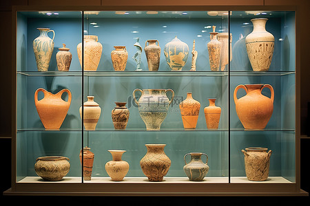 古物展览背景图片_玻璃柜里摆满了各种花瓶