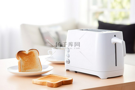 客厅桌子上的白色小烤面包机和白色杯子