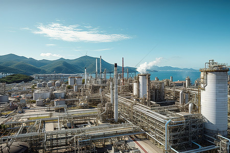 背景为山脉的大型炼油厂的鸟瞰图