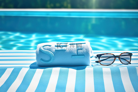 夏天这个词坐在一条蓝色和白色的毛巾旁边