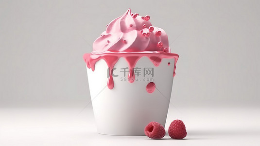 卡通风格 3d 渲染软草莓冰淇淋在白色背景中隔离的外卖杯中