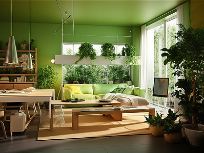 一个非常绿色的客厅，桌子上有大型植物