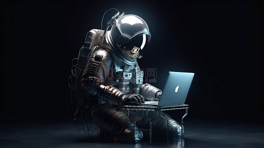 一位身穿宇航服从事笔记本电脑工作的 3D 渲染宇航员的插图