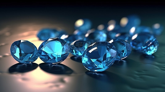 蓝色圆形钻石宝石排列在闪亮的背景上，具有软焦点效果 3D 渲染