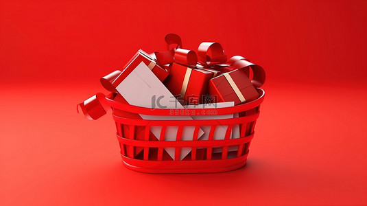 奖励支票背景图片_红丝带奖金卡设置在白色和红色购物篮 3D 渲染图像中
