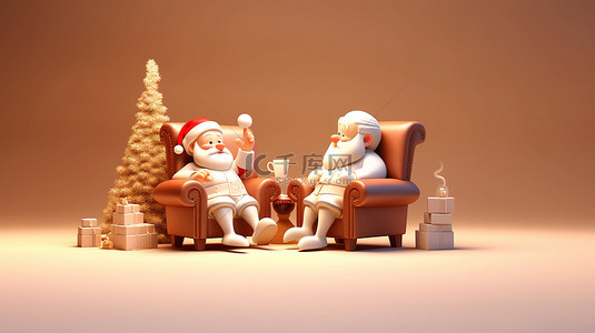 薰衣草漫画背景图片_圣诞老人用 3D 插图问候祝新年快乐