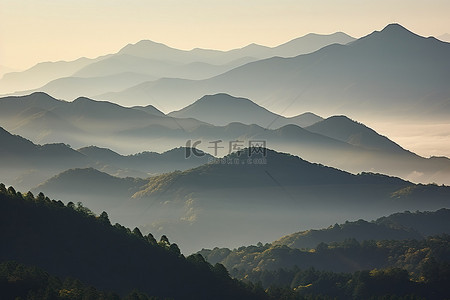 山中景色背景图片_背景中有雾气和薄雾的山脉和树木的景色