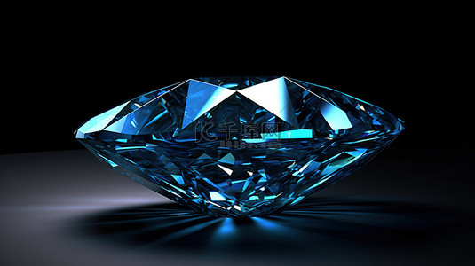 黑色背景下令人惊叹的 3D 渲染蓝色钻石宽图像