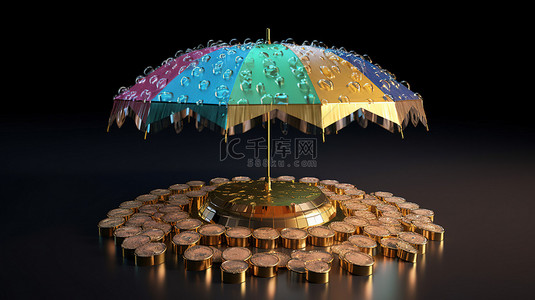 大量的财富破折号硬币倾泻在雨伞下，孤立的3D插图渲染
