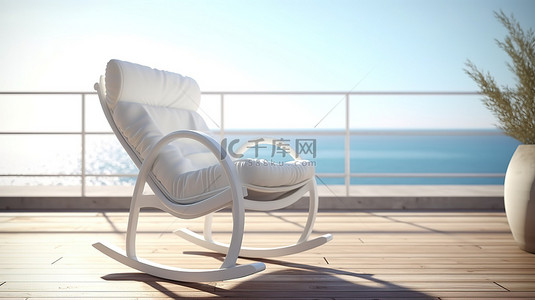 乘凉摇椅背景图片_海滨特写 3D 渲染木地板摇椅，配有白色内饰