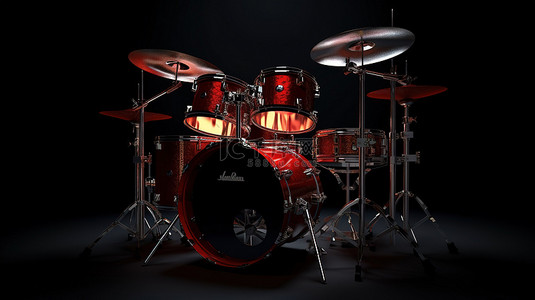 黑色背景下体积光照明的红色专业鼓套件的 3D 渲染