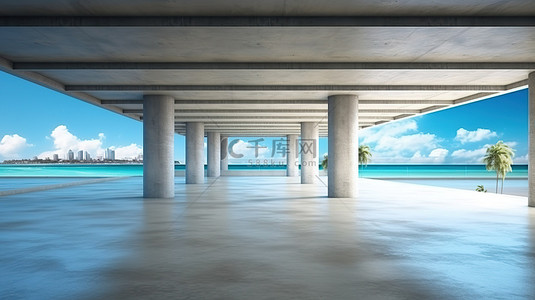 空置混凝土停车场 3D 现代建筑渲染与海洋和天空风景